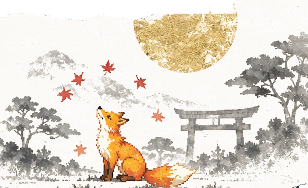 墨で描かれた森と鳥居、紅葉の下で月を見上げる狐